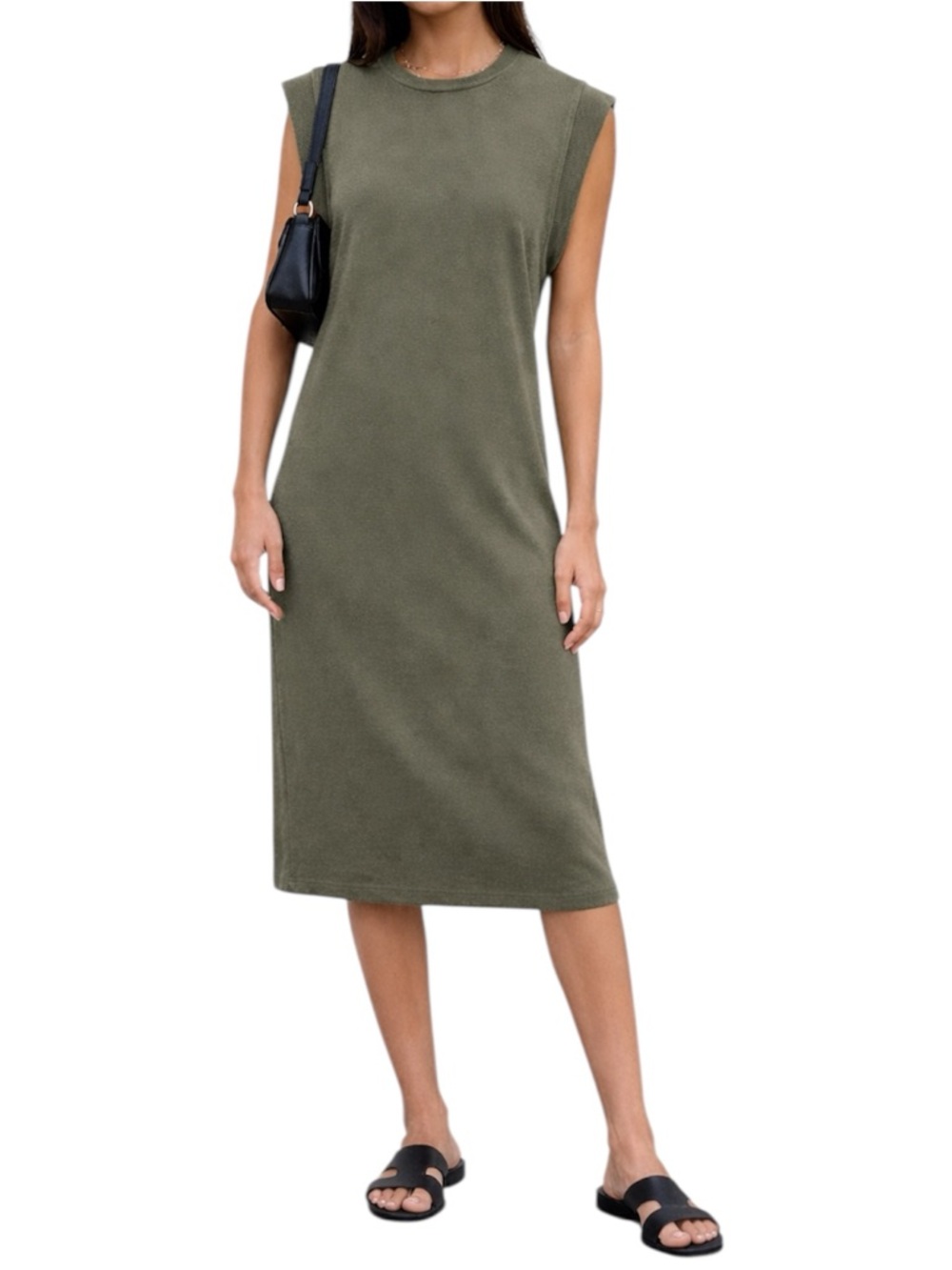Zara Olive Green Stretchy Ribbed Muscle Midi Dress Sleeveless Size Small